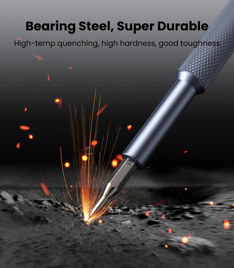 Close-up of the 25-In-1 Magnetic Precision Screwdriver Set With Bearing Steel Bits, demonstrating durability with sparks on material