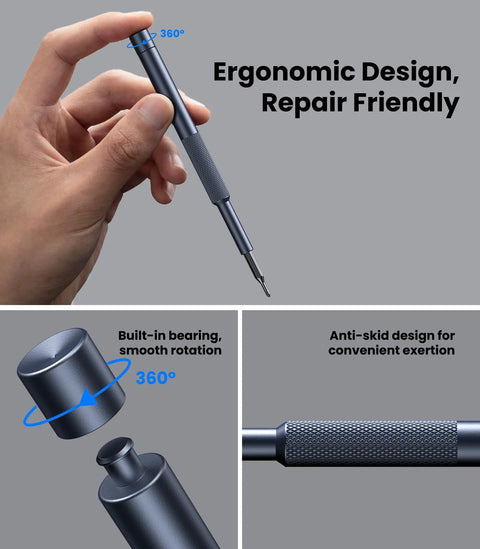 Hand holding 25-In-1 Magnetic Precision Screwdriver Set With Bearing Steel Bits, showing ergonomic and anti-skid design features.