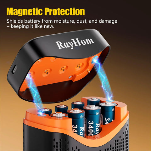 Eight Battery Pack With Charger 4 AA 3400mWh And 4 AAA 1100mWh inside open charger showing magnetic protection feature