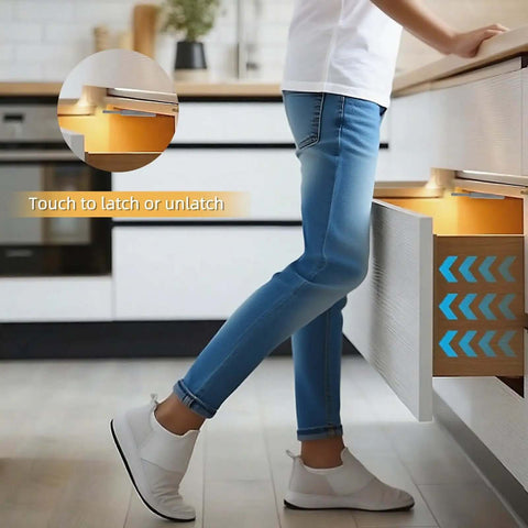 Person demonstrating Push To Open Cabinet Hardware Magnetic Push Door Latches Heavy Duty Drawer Opener in kitchen setting