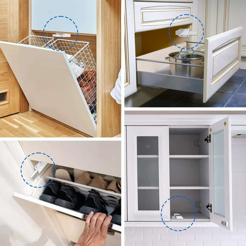 Heavy Duty Magnetic Push Latch for Cabinets and Large Doors No Handle Push to Open Touch Latch White 2 Pack Ideal for Drawers and Kitchen Cabinets Magnetic Release Latch installed on various furniture types.