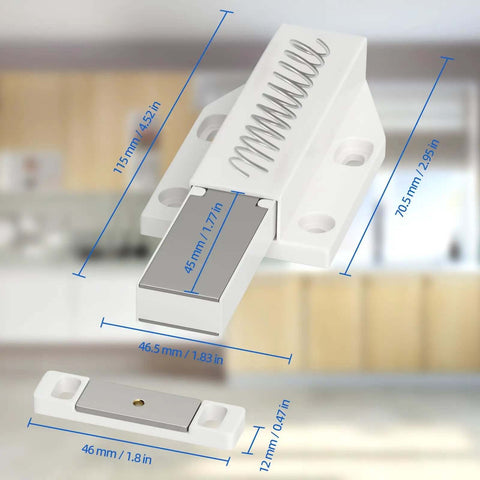 Heavy Duty Magnetic Push Latch for Cabinets and Large Doors No Handle Push to Open Touch Latch White 2 Pack with dimensions shown