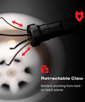 Close-up of flexible magnetic claw pickup tool with a bright LED light, showing 4-finger retractable claw above a drain.