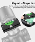 Dual Bubble Scope Leveling Kit From MidTen With Magnetic Level For Anti Cant Precision Scope Calibration On Standard Picatinny Rails Black Built To Help You Level Your Rifle Scope Fast And Stay Hundred Percent Accurate In The Field shown on a rifle scope.