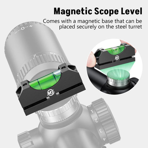 Dual Bubble Scope Leveling Kit From MidTen With Magnetic Level For Anti Cant Precision Scope Calibration On Standard Picatinny Rails Black Built To Help You Level Your Rifle Scope Fast And Stay Hundred Percent Accurate In The Field shown on a rifle scope.