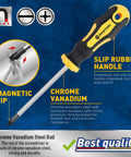 Close-up of a screwdriver from the 10 Piece Magnetic Screwdriver Set With 5 Phillips And 5 Slotted Tips Cushion Grip Handles And Chromium Vanadium Steel Construction Magnetic Bits For Durable Precision DIY And Professional Use, showing slip rubber handle and chrome vanadium steel.