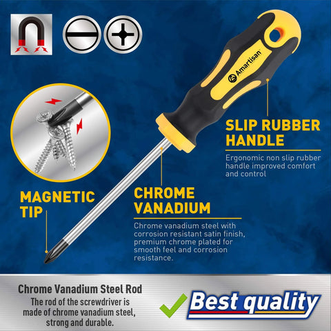 Close-up of a screwdriver from the 10 Piece Magnetic Screwdriver Set With 5 Phillips And 5 Slotted Tips Cushion Grip Handles And Chromium Vanadium Steel Construction Magnetic Bits For Durable Precision DIY And Professional Use, showing slip rubber handle and chrome vanadium steel.
