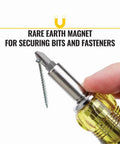 Close-up of All-In-One Magnetic 14-In-1 Screwdriver Set with bit holding screw, highlighting rare earth magnet in use.