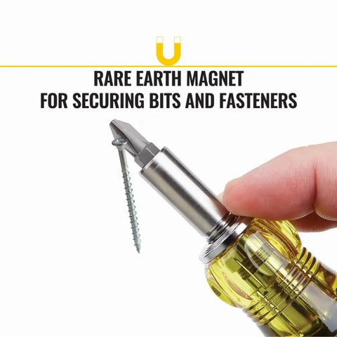 Close-up of All-In-One Magnetic 14-In-1 Screwdriver Set with bit holding screw, highlighting rare earth magnet in use.