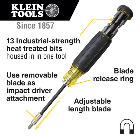 All-In-One Magnetic 14-In-1 Screwdriver Set With 13 Bits And One Quarter Inch Nut Driver, adjustable blade length shown