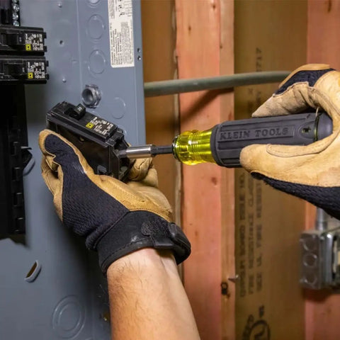 Using All-In-One Magnetic 14-In-1 Screwdriver Set With 13 Bits And One Quarter Inch Nut Driver, Klein Tools, on electrical panel