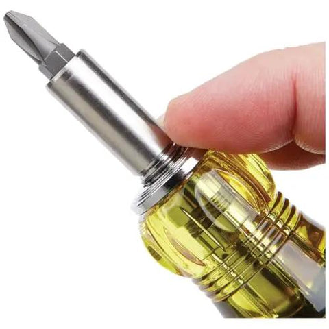 Close-up of All-In-One Magnetic 14-In-1 Screwdriver Set With 13 Bits And One Quarter Inch Nut Driver, showing stainless steel bit.