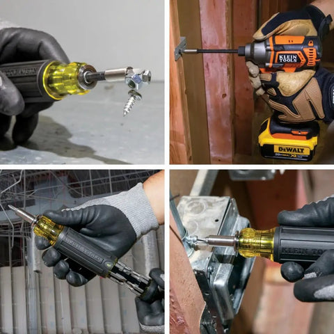 All-In-One Magnetic 14-In-1 Screwdriver Set With 13 Bits And One Quarter Inch Nut Driver being used in various tasks