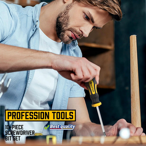 Man using 10 Piece Magnetic Screwdriver Set With 5 Phillips And 5 Slotted Tips Cushion Grip Handles And Chromium Vanadium Steel Construction Magnetic Bits for repair