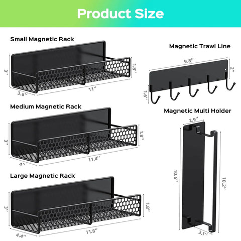 Image showing product sizes of 5-Pack Magnetic Shelves for Laundry Room Organization with racks, hooks, and holders.