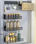 5-Pack Magnetic Shelves for Laundry Room Organization on fridge with spices, utensil hooks, strong hold, no drill installation