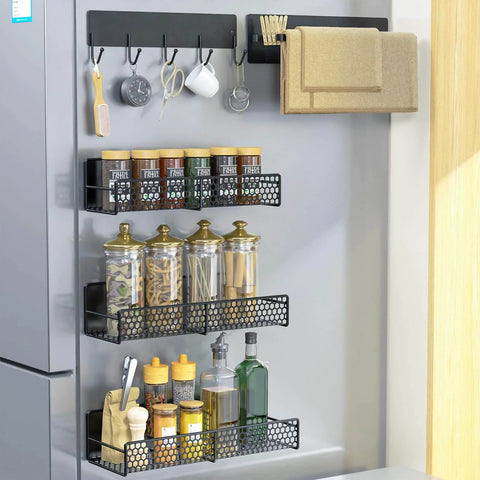 5-Pack Magnetic Shelves for Laundry Room Organization on fridge with spices, utensil hooks, strong hold, no drill installation