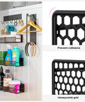 5-Pack Magnetic Shelves for Laundry Room Organization with spice rack, hanger organizer, and utensil hooks installed on a metal surface