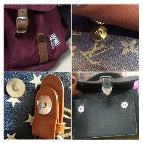 Magnetic Purse Snap Clasps 14mm Silver Tone Sets for fashion bags and handbags DIY closures, installed view on various bag designs