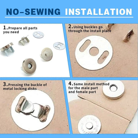 Step-by-step no-sewing installation guide for Magnetic Purse Snap Clasps 14mm Silver Tone Sets For Bags Handbags Purses And Clothing DIY Closures No Tools Required Easy Install 50 Sets Great For Craft Sewing And Craft Projects.