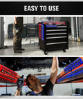 Six Piece Magnetic Socket Organizer Set with three blue metric and three red SAE holders on tool cart and in use.