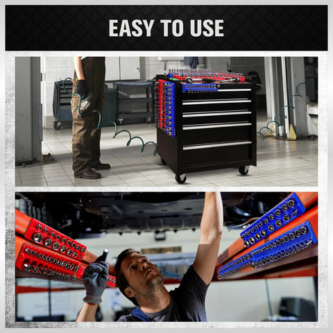Six Piece Magnetic Socket Organizer Set with three blue metric and three red SAE holders on tool cart and in use.