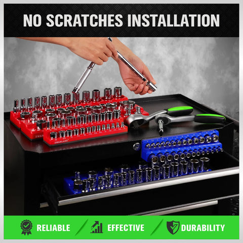 Six Piece Magnetic Socket Organizer Set With Three Blue Metric And Three Red SAE Holders for sockets shown on workbench
