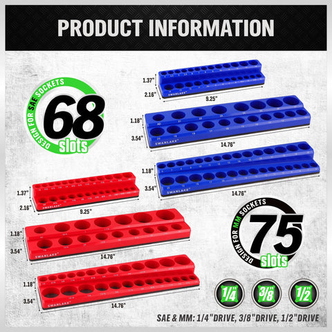 Six Piece Magnetic Socket Organizer Set With Three Blue Metric And Three Red SAE Holders For 1/4 Inch 3/8 Inch And 1/2 Inch Sockets