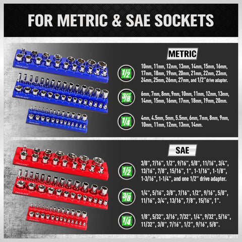 Image showing Six Piece Magnetic Socket Organizer Set with three blue metric and three red SAE holders for 1/4, 3/8, 1/2 inch sockets.