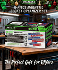 Box of Six Piece Magnetic Socket Organizer Set with Three Blue Metric and Three Red SAE Holders on a workbench in a garage workshop