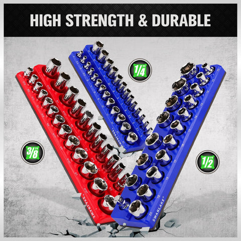 Six Piece Magnetic Socket Organizer Set With Three Blue Metric And Three Red SAE Holders For 1/4 Inch 3/8 Inch And 1/2 Inch Sockets