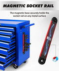 Magnetic socket rail attached to blue toolbox, holding 7-Piece Impact Swivel Socket Adapter Set, 1/4" 3/8" 1/2" Drive Universal Joint Socket Set CR-MO Steel