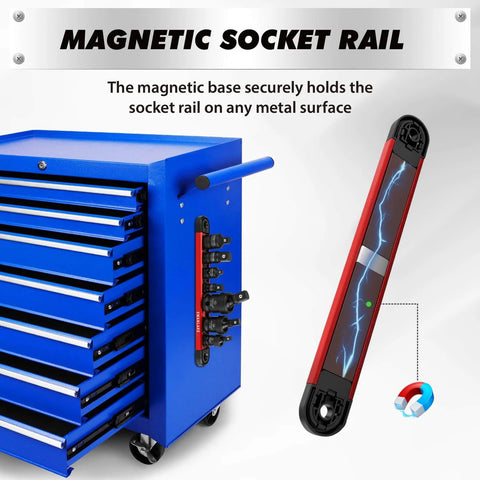 Magnetic socket rail attached to blue toolbox, holding 7-Piece Impact Swivel Socket Adapter Set, 1/4" 3/8" 1/2" Drive Universal Joint Socket Set CR-MO Steel