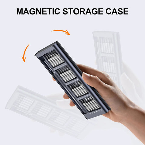 Hand holding 25 In 1 Precision Screwdriver Set with 24 Bits for MacBook Computers Laptops in magnetic storage case.