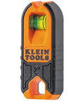 Compact Magnetic Stud Finder And Level With Bubble Vial For Wood And Metal Detection Rare Earth Magnet For Fast Metal Studs And Fasteners Felt Pad Backing Protects Drywall Precise Markings Easy Portable Tool. Front view of tool with orange accents and bubble vial.