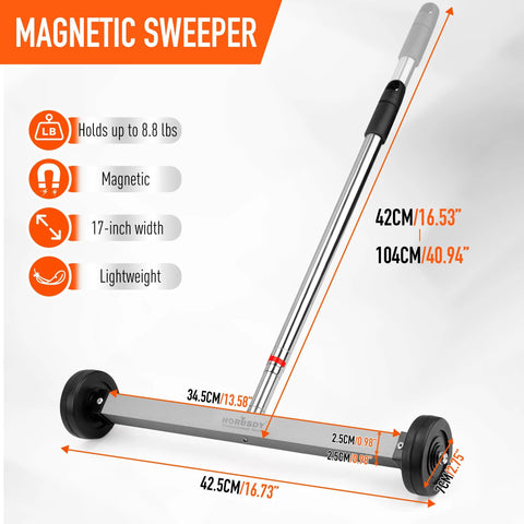 Seventeen Inch Rolling Magnetic Sweeper With Wheels And A Single Unit Adjustable Handle Eight Point Eight Pound Capacity