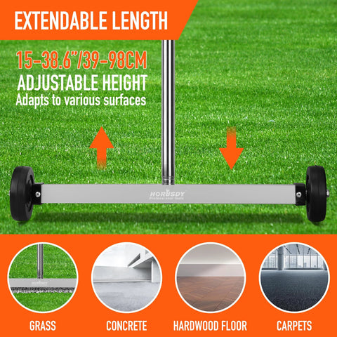 Seventeen Inch Rolling Magnetic Sweeper With Wheels And A Single Unit Adjustable Handle Eight Point Eight Pound Capacity