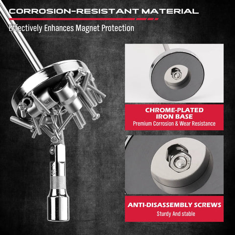 Telescoping Magnetic Sweeper Pickup Tool With Retractable Reach From 8.6 Inches To 33 Inches And 35 Pound Pull Strength shown with chrome base and anti-disassembly screws