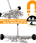 Effortlessly lifts ferrous metal debris with a 17 inch heavy duty magnetic sweeper, 8.8 lb load, adjustable handle, 3 inch wheels