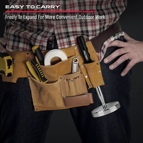 Man wearing tool belt with telescoping magnetic sweeper pickup tool with retractable reach from 8.6 inches to 33 inches.