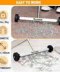 Effortlessly lifts ferrous metal debris with a 17 inch heavy duty magnetic sweeper, 8.8 lb load, adjustable handle, 3 inch wheels