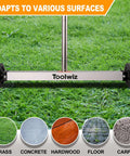 Effortlessly lifts ferrous metal debris with a 17 inch heavy duty magnetic sweeper on grass with 3 inch wheels.