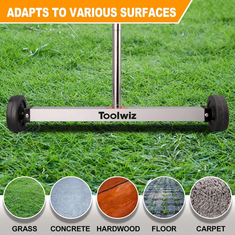 Effortlessly lifts ferrous metal debris with a 17 inch heavy duty magnetic sweeper on grass with 3 inch wheels.