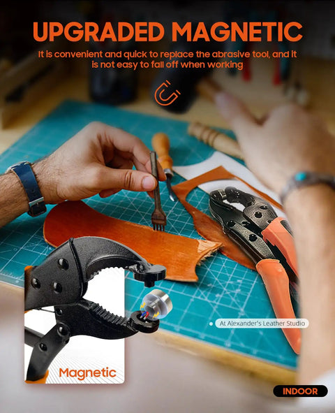 Person using a magnetic snap fastener tool kit with 100 snap sets, orange handles and cutting leather on a workspace table.