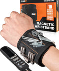Magnetic Wristband For Tools With Powerful Magnets, Premium Tool Belt For Holding Screws And Nails, Great Gift For Dad Husband Grandpa Handyman DIYer, A Cool Gadget For DIY Projects shown on wrist with box.