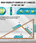 Magnetic 6.25 Inch Torpedo Level With Aluminum Alloy Body and V Groove showing high-visibility bubbles at angles 0, 30, 45, 90 degrees