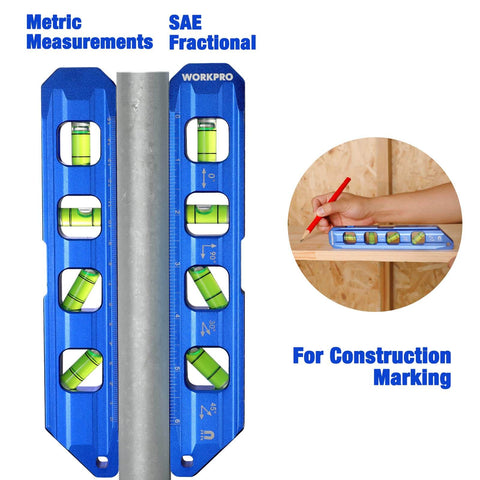Magnetic 8 Inch Torpedo Level With Four Vials For 0 90 45 30 Degree Angles Aluminum Alloy Body Hands Free On Iron Surfaces High Accuracy 0.5mm Per Meter Cobalt Blue By WORKPRO showing metric measurements.