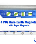 Magnetic 8 Inch Torpedo Level With Four Vials For 0 90 45 30 Degree Angles Aluminum Alloy Body Hands Free On Iron Surfaces High Accuracy 0.5mm Per Meter Cobalt Blue By WORKPRO showing side and bottom view with magnets.