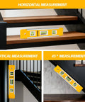 9 Inch Magnetic Torpedo Level With 45 Degree 90 Degree And 180 Degree Bubbles Magnetic Edge For Hands Free Use In Woodworking Hardware Installations And DIY Projects Shock Resistant Box Level Tool For Precise Measuring shown in various measurement positions on stairs.