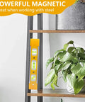 Magnetic 9 Inch Torpedo Level with three vials at 45, 90, and 180 degrees attached to a metal shelf for hands-free use.